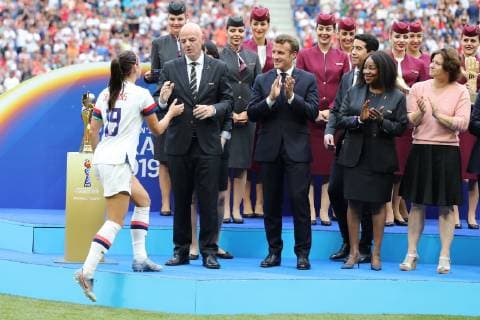 7th July 2019, Groupama Stadium, Lyon, France; FIFA Womens World Cup final, USA versus Netherlands; Alex Morgan (USA) on the podium with Gianni Infantino, FIFA President, Emmanuel Macron, French President  ActionPlus12151719 PierrexTeyssot