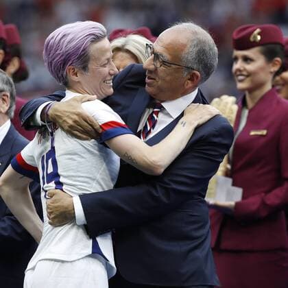 USA x Holland LYON, LY - 07.07.2019: USA X HOLLAND - Megan Rapinoe of the United States with president of the United States Soccer Federation (USSF), Carlos Cordeiro after receiving gold boot after the United States win the 2019 FIFA Women& 39;s Worlp Cup Final, against the Netherlands, held at the Lyon Stadium , in Lyon, Francehoto: Richard Callis Fotoareoarena) x1759461x  RichardxCallis