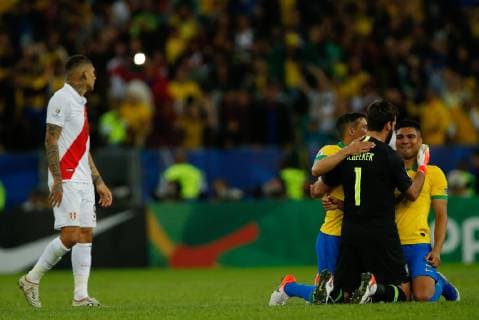 Brazil vs. Peru RIO DE JANEIRO, RJ - 07.07.2019: BRAZIL VS. PERU - Alison, Tiago Silva and Casemiro do Brasil celebrate after Richarlison of Brazil scored a goal during a match between Brazil and Peru, valid for the Copa America 2019 final, held this Sunday (07) at the Maracanã Stadium in Rio de Janeiro, RJ. (Photo: Marcelo Machado de Melo Fotoarena) x1759657x  MarceloxMachadoxdexMelo