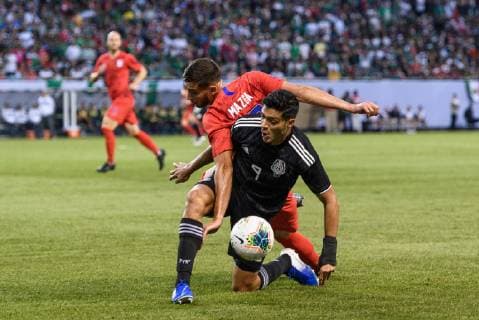 CHICAGO, IL - JULY 07: USA defender Matt Miazga (19) and Mexico forward Raul Jimenez (9) battle for a ball in the first half during the CONCACAF Gold Cup final match between the United States and Mexico on July 07, 2019, at Soldier Field in Chicago, IL. (Photo By Daniel Bartel Icon Sportswire) SOCCER: JUL 07 CONCACAF Gold Cup Finals - USA v Mexico Icon190707005