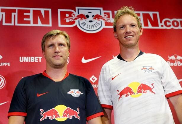 RB Leipzig - PK Fussball Bundesliga Leipzig, 08.07.2019, RBL Akademie, Fussball, 1.Bundesliga , RB Leipzig - PK, Vorstellung der sportl. Leitung für die neue Saison. , Im Bild v.l.: Sportdirektor Markus Krösche Kroesche (RB Leipzig) und Trainer Julian Nagelsmann (RB Leipzig). ,