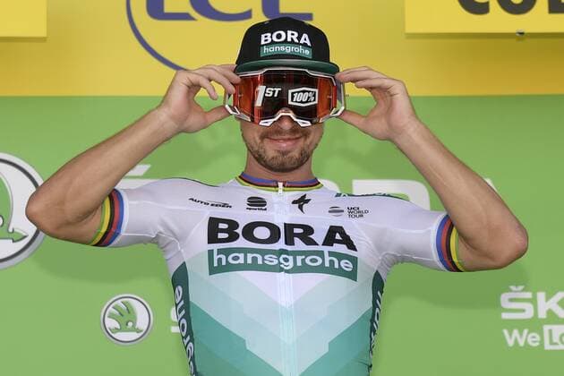 Slovakian Peter Sagan of Bora-Hansgrohe celebrates on the podium after winning the fifth stage of the 106th edition of the Tour de France cycling race, 175,5 km from Saint-Die-des-Vosges to Colmar, Wednesday 10 July 2019. This year s Tour de France starts in Brussels and takes place from July 6th to July 28th. YORICKxJANSENS  x05623468x