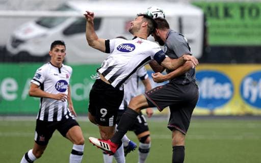 UEFA Champions League First Qualifying Round First Leg, Oriel Park, Dundalk, Co. Louth 10 7 2019 Dundalk vs Riga FC Dundalk s Pat Hoban with Antonijs Cernomordijs of Riga Pat Hoban with Antonijs Cernomordijs 10 7 2019  Copyright: x©INPHO MorganxTreacyx EA3I3432