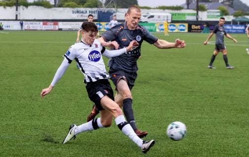 UEFA Champions League First Qualifying Round First Leg, Oriel Park, Dundalk, Co. Louth 10 7 2019 Dundalk vs Riga FC Dundalk s Sean Gannon with Tomislav Saric of Riga FC Sean Gannon with Tomislav Saric 10 7 2019  Copyright: x©INPHO MorganxTreacyx DW6I3114A