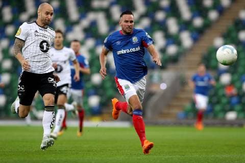 UEFA Champions League First Qualifying Round First Leg , Windsor Park, Belfast, Northern Ireland 10 7 2019 Linfield vs Rosenborg Linfield s Andy Waterworth with Rosenborg s Tore Reginiussen Andy Waterworth with Tore Reginiussen 10 7 2019  Copyright: x©INPHO WilliamxCherryx pe_00806918