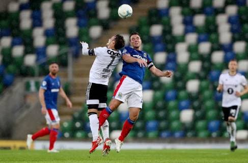 UEFA Champions League First Qualifying Round First Leg , Windsor Park, Belfast, Northern Ireland 10 7 2019 Linfield vs Rosenborg Linfield s Jamie Mulgrew with Rosenborg s Mike Jensen Jamie Mulgrew with Mike Jensen 10 7 2019  Copyright: x©INPHO WilliamxCherryx pe_00806920