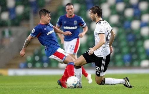UEFA Champions League First Qualifying Round First Leg , Windsor Park, Belfast, Northern Ireland 10 7 2019 Linfield vs Rosenborg Linfield s Jordan Stewart with Rosenborg s Marius Lundemo Jordan Stewart with Marius Lundemo 10 7 2019  Copyright: x©INPHO WilliamxCherryx pe_00806923