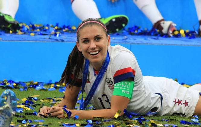 7th July 2019, Groupama Stadium, Lyon, France; FIFA Womens World Cup final, USA versus Netherlands; Alex Morgan (USA) basks in success  ActionPlus12152748 PierrexTeyssot