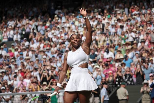 Sport Bilder des Tages American Serena Williams celebrates victory in her Semi-Final match with Czech Barbora Strycova at Wimbledon on Thursday, July 11, 2019. Williams won the match 6-1-6-2.  LON2019071120 HUGOxPHILPOTT