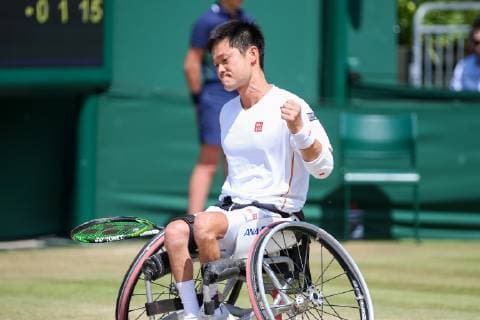 Shingo Kunieda of Japan reacts during the men s wheelchair singles quarter-final match of the Wimbledon Lawn Tennis Championships against Gordon Reid of Great Britain at the All England Lawn Tennis and Croquet Club in London, England on July 11, 2019.  (107759762)