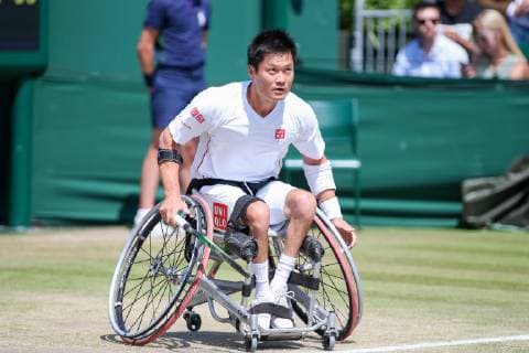 Shingo Kunieda of Japan during the men s wheelchair singles quarter-final match of the Wimbledon Lawn Tennis Championships against Gordon Reid of Great Britain at the All England Lawn Tennis and Croquet Club in London, England on July 11, 2019.  (107759804)