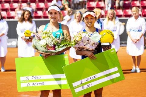 190713 Misaki Doi, Japan, Danka Kovinic, Montenegro, efter finalmatchen i tennis av Swedish open den 13 juli 2019 i Bastad. Copyright: NICLASxJÖNSSON ST190713AAB09