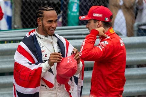14th July 2019; Silverstone Circuit, Northampton, England; FIA F1 Grand Prix of Britain, Race Day; Race winner Mercedes AMG Petronas Motorsport driver Lewis Hamilton talks to third place finisher Scuderia Ferrari driver Charles Leclerc  ActionPlus12153797 TimxWilliams