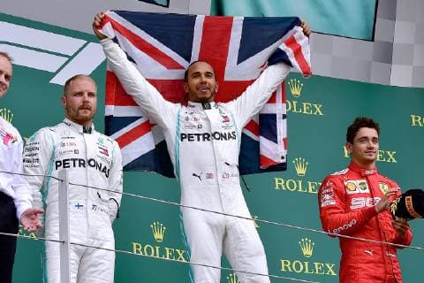 HAMILTON Lewis F1 Team Mercedes AMG Sieger mit BOTTAS Valtteri und LECLERC Charles Formel 1 GP 2019 Silverstone am 14. 07. 2019 in Silverstone