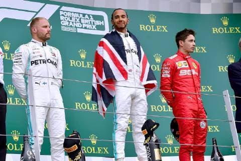 HAMILTON Lewis F1 Team Mercedes AMG Sieger mit BOTTAS Valtteri und LECLERC Charles Formel 1 GP 2019 Silverstone am 14. 07. 2019 in Silverstone