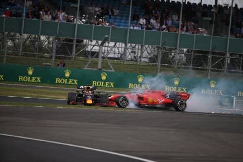 Photo4 LaPresse 14 07 2019 Silverstone, England Grand Prix Formula One England 2019 In the pic: race, crash between Sebastian Vettel (GER) Scuderia Ferrari SF90 and Max Verstappen (NED) Red Bull Racing RB15  Copyright: xPhoto4 LaPressex