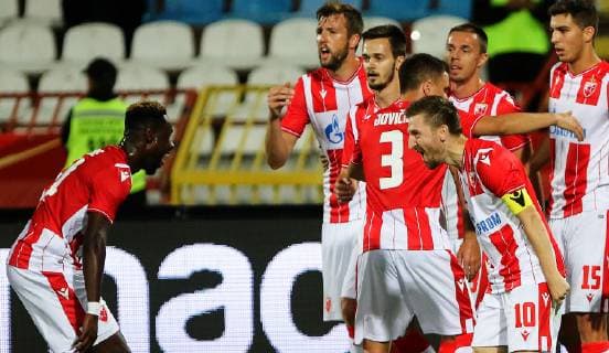 16.07.2019 Belgrade(Serbia) FK Crvena Zvezda(FC Red Star)-FK Suduva UEFA Champions League qualify 1st leg men s football Marko Marin(3rd from right) FK Crvena Zvezda(FC Red Star) celebrate second goal on match with Richmond Boakye(L) between Nemanja Milunovic(2L),Mirko Ivanic(3L),Milan Rodic(2nd from right behind),Srdjan Babic(r) :Str 