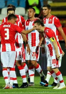 16.07.2019 Belgrade(Serbia) FK Crvena Zvezda(FC Red Star)-FK Suduva UEFA Champions League qualify 1st leg men s football Marko Marin( front right) FK Crvena Zvezda(FC Red Star) celebrate second goal on match with Branko Jovicic(L) beside Milan Rodic(2nd from right behind),Srdjan Babic(r) :Str 