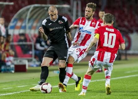 16th July 2019; Rajko Miti& x107; Stadium, Belgrade, Serbia; Champions League football, Red Star Belgrade versus FK Suduva; Gotal of Suduva tackled by Milunovic of Red Star Belgrade  ActionPlus12154167 NikolaxKrstic