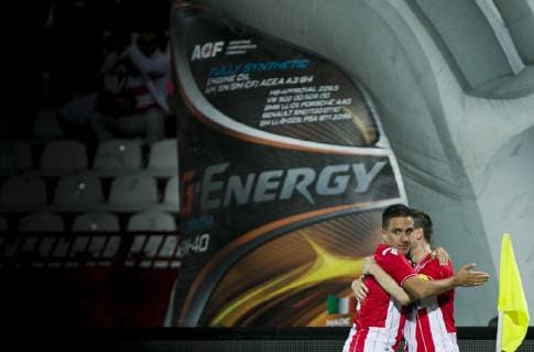 16th July 2019; Rajko Miti& x107; Stadium, Belgrade, Serbia; Champions League football, Red Star Belgrade versus FK Suduva; Marin of Red Star Belgrade celebrates scoring his goal in the 29th minute for 2-0 with his team mates  ActionPlus12154172 NikolaxKrstic