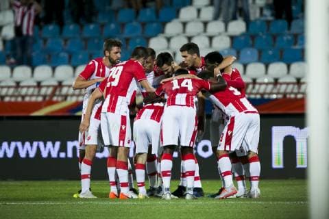 16th July 2019; Rajko Miti& x107; Stadium, Belgrade, Serbia; Champions League football, Red Star Belgrade versus FK Suduva; Marin of Red Star Belgrade celebrates scoring his goal in the 29th minute for 2-0 with his team mates  ActionPlus12154173 NikolaxKrstic