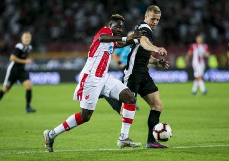 16th July 2019; Rajko Miti& x107; Stadium, Belgrade, Serbia; Champions League football, Red Star Belgrade versus FK Suduva; Boakye of Red Star Belgrade comes forward on the ball  ActionPlus12154174 NikolaxKrstic