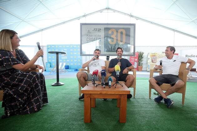 PXL_Ivanisevic and Rafter announced an exibition match 17.07.2019., Umag, Croatia - 30. Plava laguna Croatia Open Umag 2019. Goran Ivanisevic and Patrick Rafter with Lawrence Frankopan announced an exibition match Ivanisevic vs Rafter .  GoranxStanzl PIXSELL