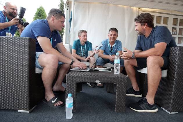 PXL_Ivanisevic and Rafter announced an exibition match 17.07.2019., Umag, Croatia - 30. Plava laguna Croatia Open Umag 2019. Goran Ivanisevic and Patrick Rafter with Lawrence Frankopan announced an exibition match Ivanisevic vs Rafter .  GoranxStanzl PIXSELL