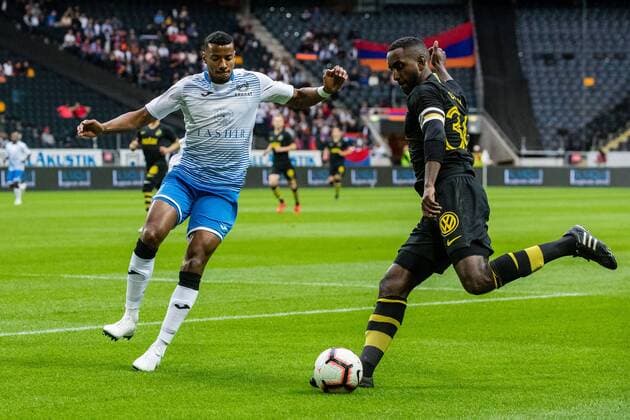 190717 Georgi Pashov of Ararat-Armenia and Henok Goitom of AIK during the UEFA Champions League qualifying match between AIK and Ararat-Armenia on July 17, 2019 in Stockholm. Copyright: ANDREASxLxERIKSSON BB190717AE008