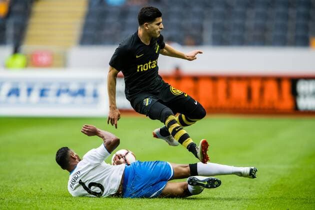 190717 Georgi Pashov of AIK and Tarik Elyounoussi of AIK during the UEFA Champions League qualifying match between AIK and Ararat-Armenia on July 17, 2019 in Stockholm. Copyright: ANDREASxLxERIKSSON BB190717AE013