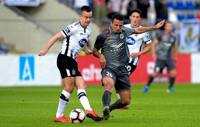 UEFA Champions League Second Qualifying Round First Leg, Skonto Stadium, Riga, Latvia 17 72019 Riga FC vs Dundalk Dundalk s Robbie Benson with Roger of Riga Robbie Benson with Roger 17 7 2019  Copyright: x©INPHO LETAx DSC_6247