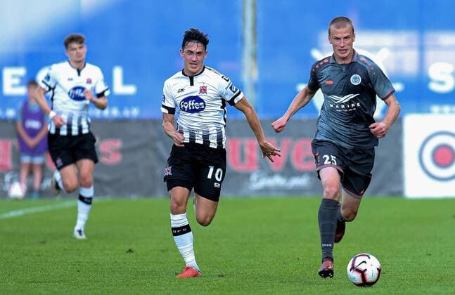 UEFA Champions League Second Qualifying Round First Leg, Skonto Stadium, Riga, Latvia 17 72019 Riga FC vs Dundalk Dundalk s Jamie McGrath with Tomislav Saric of Riga Jamie McGrath with Tomislav Saric 17 7 2019  Copyright: x©INPHO LETAx DSC_6495
