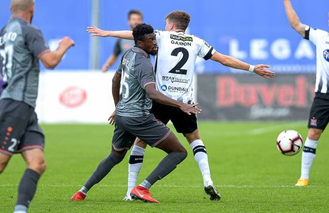 UEFA Champions League Second Qualifying Round First Leg, Skonto Stadium, Riga, Latvia 17 72019 Riga FC vs Dundalk Dundalk s Sean Gannon and Joel Bopesu of Riga Sean Gannon and Joel Bopesu 17 7 2019  Copyright: x©INPHO LETAx DSC_6236