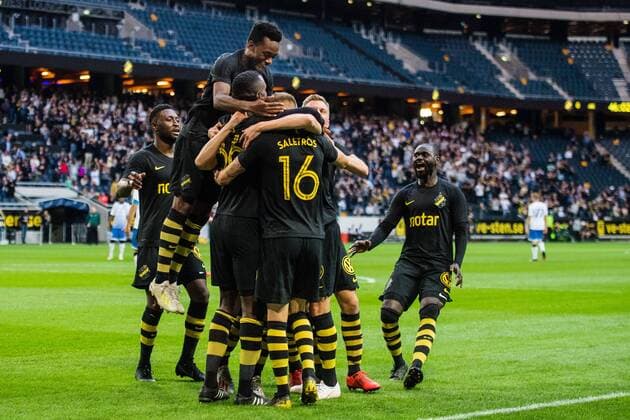 190717 Henok Goitom of AIK celebrates with teammates after 1-0 during the UEFA Champions League qualifying match between AIK and Ararat-Armenia on July 17, 2019 in Stockholm. Photo: Maxim Thore BILDBYRAN bbeng fotball fotboll football kval till champions league soccer champions league qualification aik ararat armenia celebration jubel Copyright: MAXIMxTHORE BB190717MT037