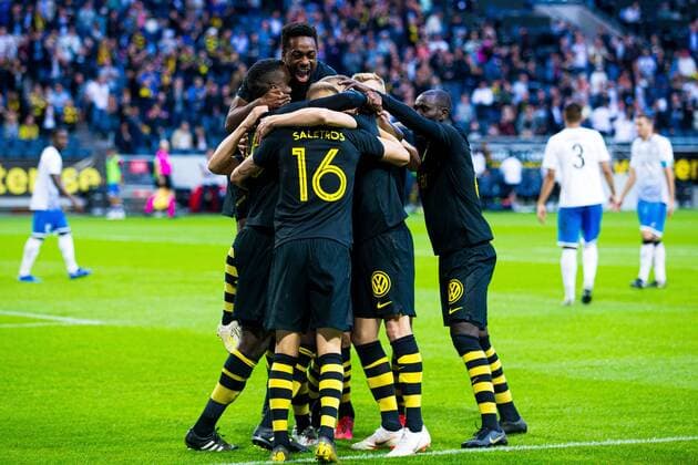 190717 AIK:s Henok Goitom jublar med Heradi Rashidi , Anton Saletros och Enoch Kofi Adu efter 1-0 under kvalmatchen till Champions League mellan AIK och FC Ararat-Armenia den 17 juli 2019 i Stockholm. Copyright: KENTAxJÖNSSON ST190717AAB0C