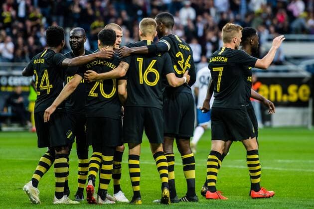190717 Players of AIK celebrates 3-0 during the UEFA Champions League qualifying match between AIK and Ararat-Armenia on July 17, 2019 in Stockholm. Photo: Maxim Thore BILDBYRAN bbeng fotball fotboll football kval till champions league soccer champions league qualification aik ararat armenia celebration jubel Copyright: MAXIMxTHORE BB190717MT045