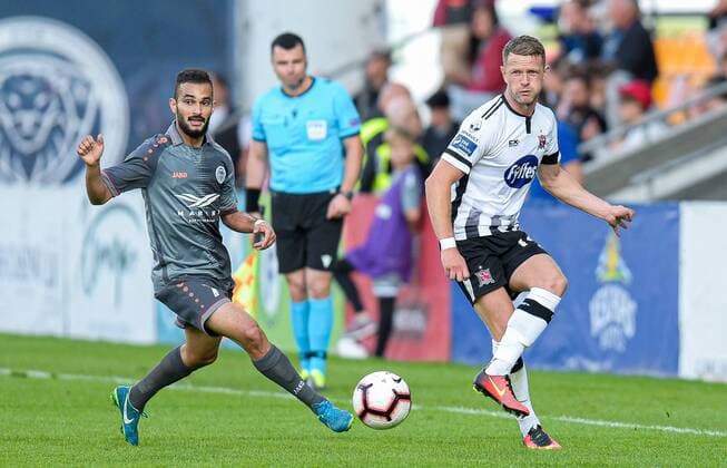 UEFA Champions League Second Qualifying Round First Leg, Skonto Stadium, Riga, Latvia 17 72019 Riga FC vs Dundalk Dundalk s Dane Massey with Felipe Brisola of Riga Dane Massey with Felipe Brisola 17 7 2019  Copyright: x©INPHO LETAx DSC_6626