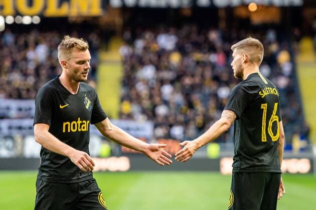 190717 Sebastian Larsson and Anton Saletros of AIK celebrate during the UEFA Champions League qualifying match between AIK and Ararat-Armenia on July 17, 2019 in Stockholm. Photo: Maxim Thore BILDBYRAN bbeng fotball fotboll football kval till champions league soccer champions league qualification aik ararat armenia jubel Copyright: MAXIMxTHORE BB190717MT067
