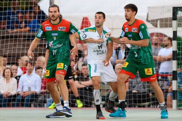 19.07.2019, xtgx, Handball Testspiel, SC Magdeburg - SC DHfK Leipzig emspor, v.l. christoph steinert (magdeburg), bastian roscheck (leipzig), Piotr Chrapkowski (Magdeburg, 3) Zweikampf, Duell, Kampf, tackle Aschersleben