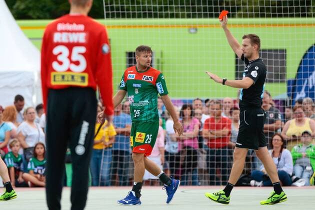 19.07.2019, xtgx, Handball Testspiel, SC Magdeburg - SC DHfK Leipzig emspor, v.l. Marko Bezjak (Magdeburg, 25) Rote Karte, Platzverweis, sent off Aschersleben
