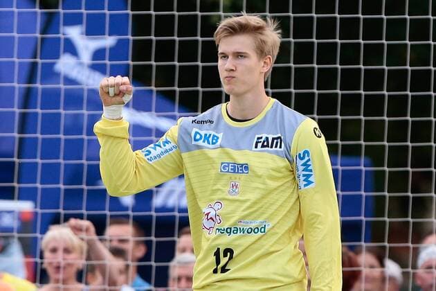 19.07.2019, xtgx, Handball Testspiel, SC Magdeburg - SC DHfK Leipzig emspor, v.l. Tobias Thulin (Magdeburg) Jubelt über gehaltenen Ball, abgewehrt, gehalten, Torhüter Aschersleben