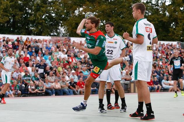 19.07.2019, xtgx, Handball Testspiel, SC Magdeburg - SC DHfK Leipzig emspor, v.l. erik schmidt (magdeburg) wirft Tor, Torschütze, erzielt Tor, Treffer, scores the goal Aschersleben