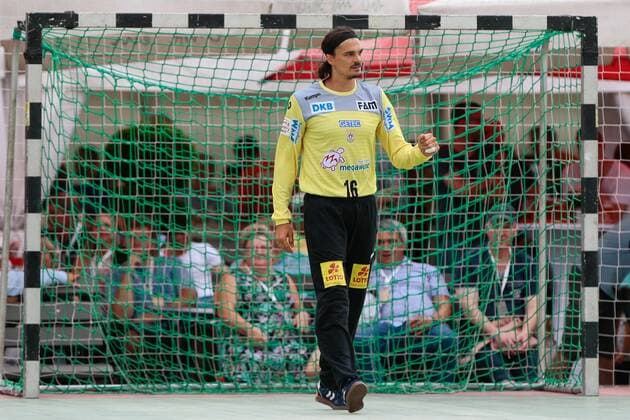 19.07.2019, xtgx, Handball Testspiel, SC Magdeburg - SC DHfK Leipzig emspor, v.l. Jannick Green Krejberg (Magdeburg, 16) Jubelt über gehaltenen Ball, abgewehrt, gehalten, Torhüter Aschersleben