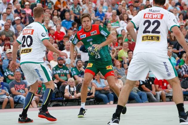 19.07.2019, xtgx, Handball Testspiel, SC Magdeburg - SC DHfK Leipzig emspor, v.l. Hannes Bransche (Magdeburg) am Ball Aschersleben