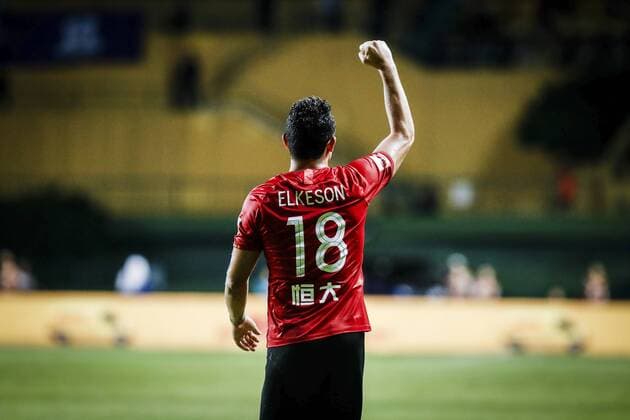 Brazilian football player Elkeson de Oliveira Cardoso, or simply Elkeson, of Guangzhou Evergrande Taobao F.C. celebrates after a goal during the 19th round of Chinese Football Association Super League (CSL) against Guangdong R&F in Guangzhou, south China™s Guangdong province, 20 July 2019. Guangzhou Derby ended in R&F F.C. slashed by Evergrande Taobao F.C. with a 0-5 at 19th round match of Chinese Football Association Super League (CSL) in Guangzhou, south China™s Guangdong province, 20 July 2019. Guangdong R&F slashed by Guangzhou Evergrande Taobao with a 0-5 at 19th round match of CSL  713629625440272392
