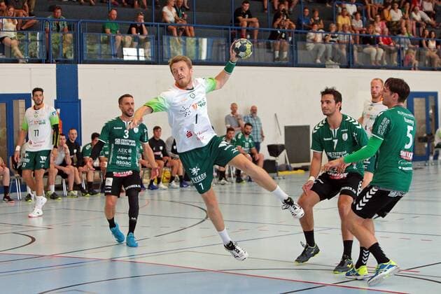 20.07.2019, xovx, Handball HBL Bundesliga, HSG Wetzlar - Trainingslager 2019 emspor, Testspiel HSG Wetzlar - Wcker Thun (Schweiz). v.l. Stefan Cavor (HSG Wetzlar), Luca Linder (Wacker Thun), Kristian Bjoernsen (HSG Wetzlar), Nicolas Suter (Wacker Thun), Stefan Kneer (HSG Wetzlar), Nicolas Raemy (Wacker Thun). (DFL DFB REGULATIONS PROHIBIT ANY USE OF PHOTOGRAPHS as IMAGE SEQUENCES and or QUASI-VIDEO) Thun