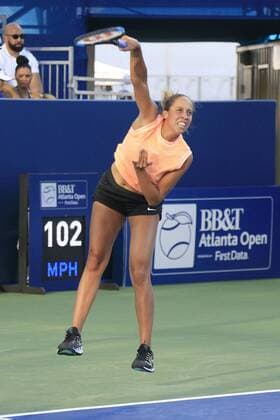 ATLANTA, GA - JULY 21: Madison Keys serves during the exhibition tennis match between Venus Williams and Madison Keys on July 21, 2019 at Stadium Court in Atlantic Station in Atlanta, GA. (Photo by David John Griffin Icon Sportswire) TENNIS: JUL 21 Atlanta Open Icon9531907210309