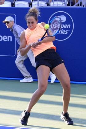 ATLANTA, GA - JULY 21: Madison Keys hits a backhand stroke during the exhibition tennis match between Venus Williams and Madison Keys on July 21, 2019 at Stadium Court in Atlantic Station in Atlanta, GA. (Photo by David John Griffin Icon Sportswire) TENNIS: JUL 21 Atlanta Open Icon9531907210377