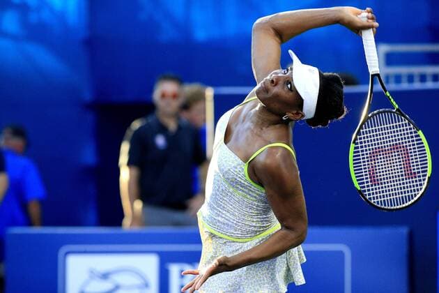 ATLANTA, GA - JULY 21: Venus Williams serves during the exhibition tennis match between Venus Williams and Madison Keys on July 21, 2019 at Stadium Court in Atlantic Station in Atlanta, GA. (Photo by David John Griffin Icon Sportswire) TENNIS: JUL 21 Atlanta Open Icon9531907210508