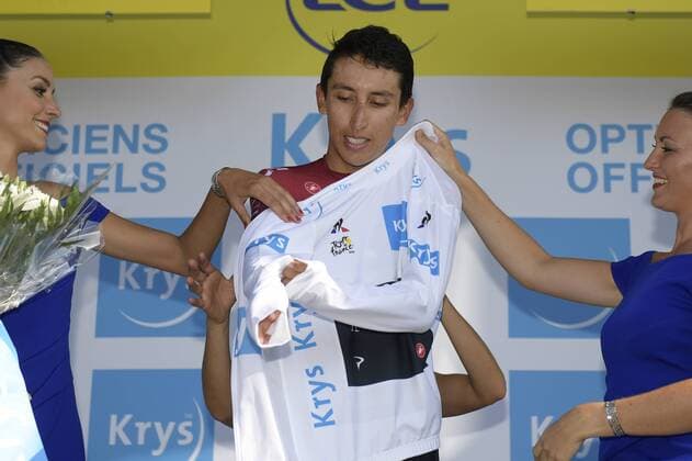 Colombian Egan Bernal of Team Ineos celebrates on the podium in the white jersey for best young rider after stage 16 of the 106th edition of the Tour de France cycling race, from and to Nimes (177 km), France, Tuesday 23 July 2019. This year s Tour de France starts in Brussels and takes place from July 6th to July 28th. YORICKxJANSENS  x05632328x